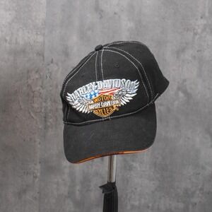 Y2K 2000's 00's Harley Davidson Black American Flag Strap Back 6 Pannel Hat